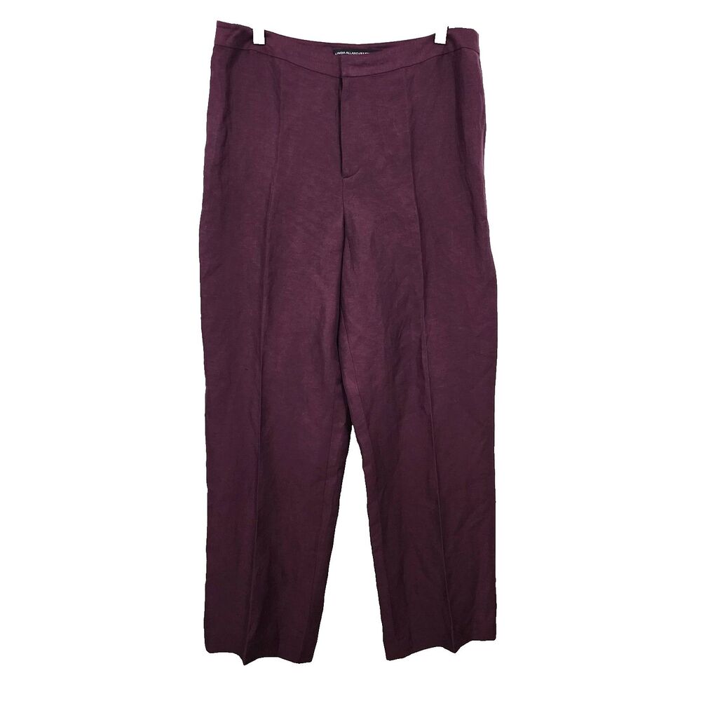 Linda Allard Ellen Tracy Linen Silk Straight-Leg Pants Trouser Bordeaux Women 12